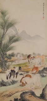 Ma Jin (1900-1970),  Bathing horses, ink and colour on paper, hanging scroll  | 馬晉 《浴馬圖》設色紙本 立軸