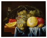 Still life of fruit, including lemons, grapes, pears and cherries, together with a hazelnut, all arranged on a table largely draped with a blue cloth | 《靜物：桌子上的檸檬、葡萄、紅梨、櫻桃及一顆榛子，藍色布覆蓋大半桌面》