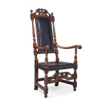 Very Fine and Rare William and Mary Carved and Joined Maple 'Leather-Back' Armchair, Boston, Massachusetts, Circa 1715