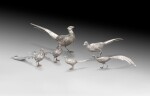 A group of six silver pheasants, probably Germany, 20th century | Groupe de six faisans en argent, probablement Allemagne, XXe siècle