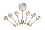 A SET OF SIX PARCEL-GILT CAVIAR SPOONS AND A MATCHING SERVING SPOON, FABERGÉ, MOSCOW, CIRCA 1900