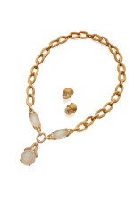 GOLD, MOONSTONE AND DIAMOND NECKLACE AND PAIR OF EARCLIPS, HENRY DUNAY