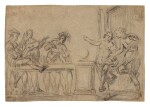 DUTCH CARAVAGGIST, EARLY 17TH CENTURY | RECTO: MUSICIANS PLAYING BEHIND A BALUSTRADE FOR A PAIR OF DANCERS; VERSO: TWO STUDIES AFTER ANTIQUE SCULPTURES OF TORSOS