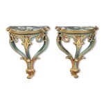 A PAIR OF ITALIAN BAROQUE BLUE-PAINTED AND PARCEL-GILT CONSOLE TABLES, SECOND QUARTER 18TH CENTURY