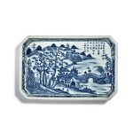A blue and white 'landscape' tray, Mark and period of Jiaqing | 清嘉慶 青花山水圖詩文長方倭角托盤 《大清嘉慶年製》款