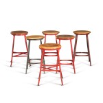 A matched set of six American hardwood and painted steel stools by the Angle Steel Co., Plainwell, Michigan, third quarter 20th century