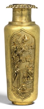 A SMALL GILT-BRONZE VASE QING DYNASTY, 18TH CENTURY | 清十八世紀 鎏金銅開光山水花鳥紋瓶