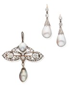 Pair of Silver-Topped Gold, Diamond and Natural Pearl Earrings and Pendant-Brooch