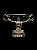 "The Supplication Cup", An engraved glass two-handled coin cup celebrating the Silver Jubilee of King George V and Queen Mary, 1935