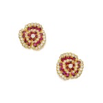 Pair of Ruby and Diamond 'Camellia' Earclips |  梵克雅寶 | 紅寶石配鑽石 'Camellia' 耳環