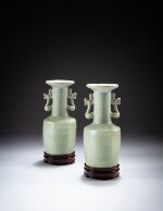 A rare pair of 'Longquan' celadon-glazed mallet vases, Southern Song dynasty | 南宋 龍泉窰青釉雙鳳耳盤口瓶一對