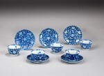 A group of five blue and white 'flowers' cups and saucers, Qing dynasty, Kangxi period | 清康熙 青花花卉紋盃及小盤一組十件