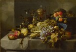 Still Life of grapes, pomegranates, walnuts, peaches, an ear of corn, various drinking vessels, and a lizard, all on a stone ledge