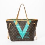 LOUIS VUITTON | BROWN AND CYAN GREEN MONOGRAM CANVAS NEVERFULL DE VOYAGE MM WITH GOLDEN BRASS HARDWARE