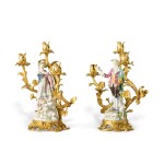 A Pair of Louis XV Gilt-Bronze and Meissen Porcelain Three-Branch Candelabra, Mid-18th Century