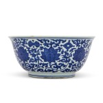 A large blue and white 'lotus' bowl, Mark and period of Jiajing  | 明嘉靖 青花纏枝蓮紋大盌 《大明嘉靖年製》款