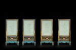A set of four white jade-inset cloisonné enamel table screens, Qing dynasty, Qianlong period | 清乾隆 掐絲琺瑯框嵌白玉花卉詩文硯屏一組四件