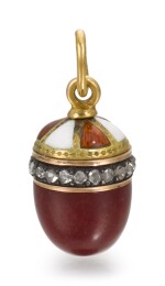 A Fabergé jewelled and gold-mounted purpurine and enamel egg pendant, workmaster August Hollming, St Petersburg, circa 1900