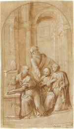 A Bishop seated with his left hand on a book, two young men kneeling nearby and a third standing behind, in an architectural setting