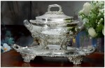 A REGENCY SILVER TWO-HANDLED SOUP TUREEN, COVER, STAND, AND LINER, PHILIP RUNDELL FOR RUNDELL, BRIDGE AND RUNDELL, LONDON, 1819