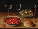 Still Life with Cherries in a Wanli Porcelain Bowl, Hazelnuts on a Pewter Platter, and Three façon-de-Venice Wine Glasses