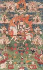 A thangka depicting Drala Tatug Karpo, Inner Mongolia, Qing dynasty, 18th century | 內蒙古 清十八世紀 威勝天王唐卡 設色布本