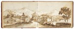 An album of Italian views; 17 sheets of paper bound in a red leather album, 15 of them used for drawings, some drawn on both sides, and one panoramic view of Florence drawn across two sheets