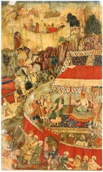 BAIRAM KHAN PETITIONS THE YOUNG AKBAR FOLLOWING THE SIEGE OF MANKOT IN 1557, ILLUSTRATED PAGE FROM THE 'FIRST' (VICTORIA AND ALBERT MUSEUM) AKBARNAMA, INDIA, MUGHAL, CIRCA 1590-95
