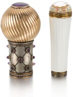 TWO PARASOL HANDLES, IN THE STYLE OF FABERGÉ, 20TH CENTURY