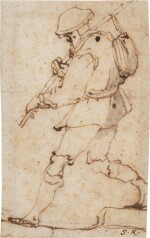 Three figure studies: A) A male traveler, walking B) A woman, in profile, leaning forward C) A woman leaning over whilst carrying out some type of labour