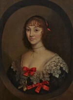 GILBERT JACKSON  |  PORTRAIT OF A LADY, HALF-LENGTH, IN A FEIGNED OVAL AND WEARING A BLACK DRESS WITH WHITE LACE AND RED BOWS