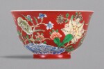A FINELY PAINTED AND EXTREMELY RARE SMALL CORAL-GROUND ENAMELLED 'FLORAL' CUP, YONGZHENG YUZHI MARK AND PERIOD | 清雍正 珊瑚紅地粉彩九秋同慶圖小盌 《雍正御製》款