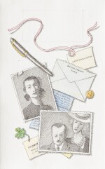 Deux photographies avec une lettre de l’Ambassade d’Angleterre en France avec une carte et une lettre de Lady Diana Cooper, un stylo et un ruban rose