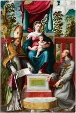 The Virgin and Child enthroned with a bishop saint and Saint Francis | 《聖母與聖嬰加冕，主教聖人及聖方濟各在旁》