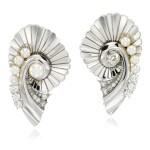 Pair of pearl and diamond brooches