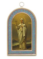 A silver-gilt and cloisonné enamel icon of St Nina of Georgia, painted by Platonov, marked Grachev, St Petersburg, 1870s