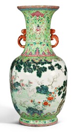 A FINE AND RARE LARGE LIME-GREEN GROUND FAMILLE-ROSE 'THREE RAMS' VASE QING DYNASTY, DAOGUANG PERIOD SHENDETANG HALL MARK | 清道光 綠地粉彩通景三羊開泰雙螭耳大瓶 《慎德堂製》款