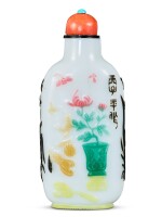 A five-colour overlay white glass 'flowers and butterflies' snuff bottle Qing dynasty, 18th – 19th century | 清十八至十九世紀 涅白地套五色料花蝶清供圖鼻煙壺