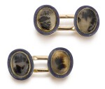 A pair of Fabergé gold, guilloché enamel and dendritic agate cufflinks, Moscow, 1899-1908