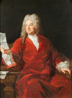 Portrait of a man seated wearing a red coat and holding a letter