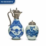 A CHINESE BLUE AND WHITE PORCELAIN EWER AND TEA CADDY WITH EUROPEAN SILVER MOUNTS, THE PORCELAIN EARLY 18TH CENTURY