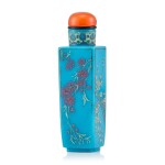 A Rectangular Enamelled Turquoise Glass Snuff Bottle Qing Dynasty, 18th - 19th Century | 清十八至十九世紀 松綠料畫琺瑯四季花卉鼻煙壺