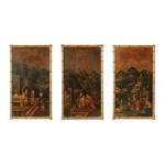 A SET OF THREE PAINTED TOLE CHINOISERIE PANELS, CIRCA 1810