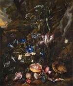 Forest floor still life with flowers, mushrooms, butterflies, a snake, a frog and a dragonfly