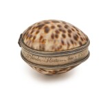 A silver-mounted cowrie shell tobacco box, unidentified mark, probably Dutch or German, late 17th century