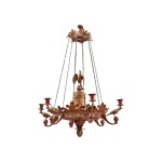 AN EMPIRE STYLE RED AND GOLD TOLE PEINTE SIX-LIGHT CHANDELIER, POSSIBLY RUSSIAN, 19TH CENTURY
