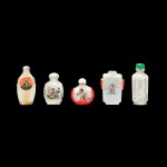 Five inscribed inside-painted glass snuff bottles,  1960s | 1960年代 玻璃內畫題字鼻煙壺一組五件