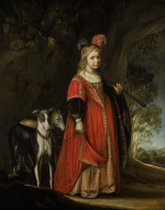 JOHANN SPILBERG | PORTRAIT OF A YOUNG GIRL AS A HUNTRESS, WITH TWO HOUNDS IN A LANDSCAPE