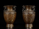 A pair of gold-splashed bronze vases, 17th / 18th century | 十七 / 十八世紀 銅灑金螭龍耳瓶一對 《大明宣德年製》仿款