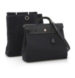 Black canvas and black leather tote with palladium hardware, 2 in 1 Herbag, Hermès